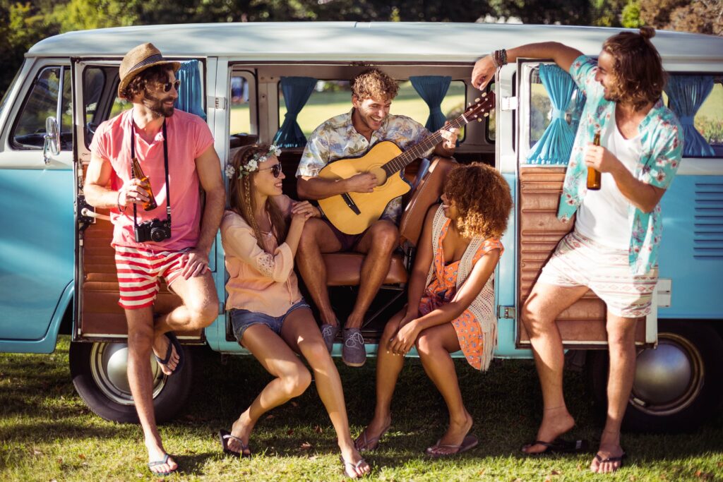 People with Campervan at Glastonbury Festival