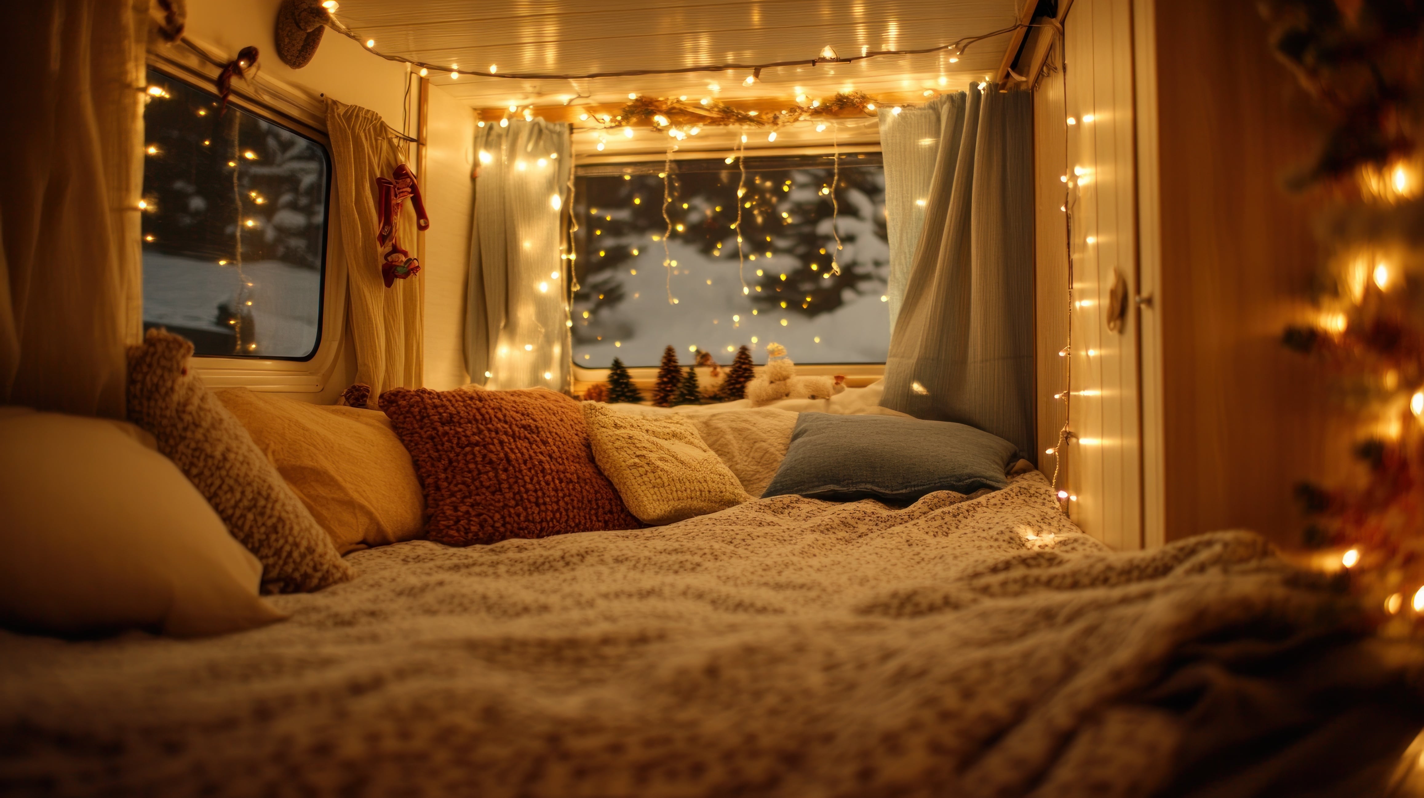 Inside a motorhome with snow outside