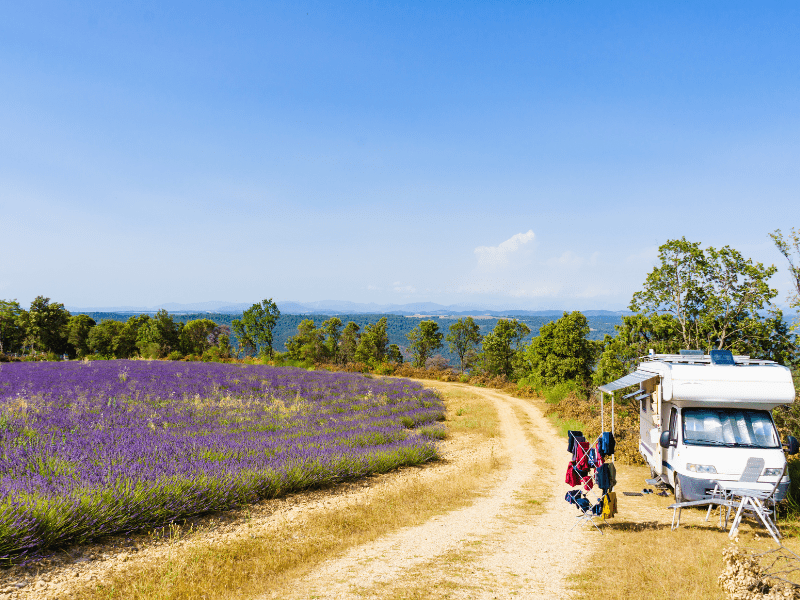 A motorhome on the side of a lavender field in France